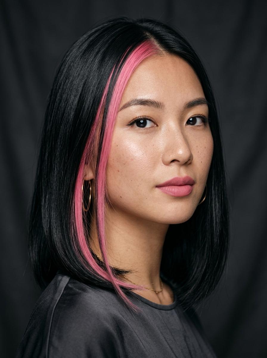 Schwarze Haare mit pinkem Akzent - pinke Strähnen Idee